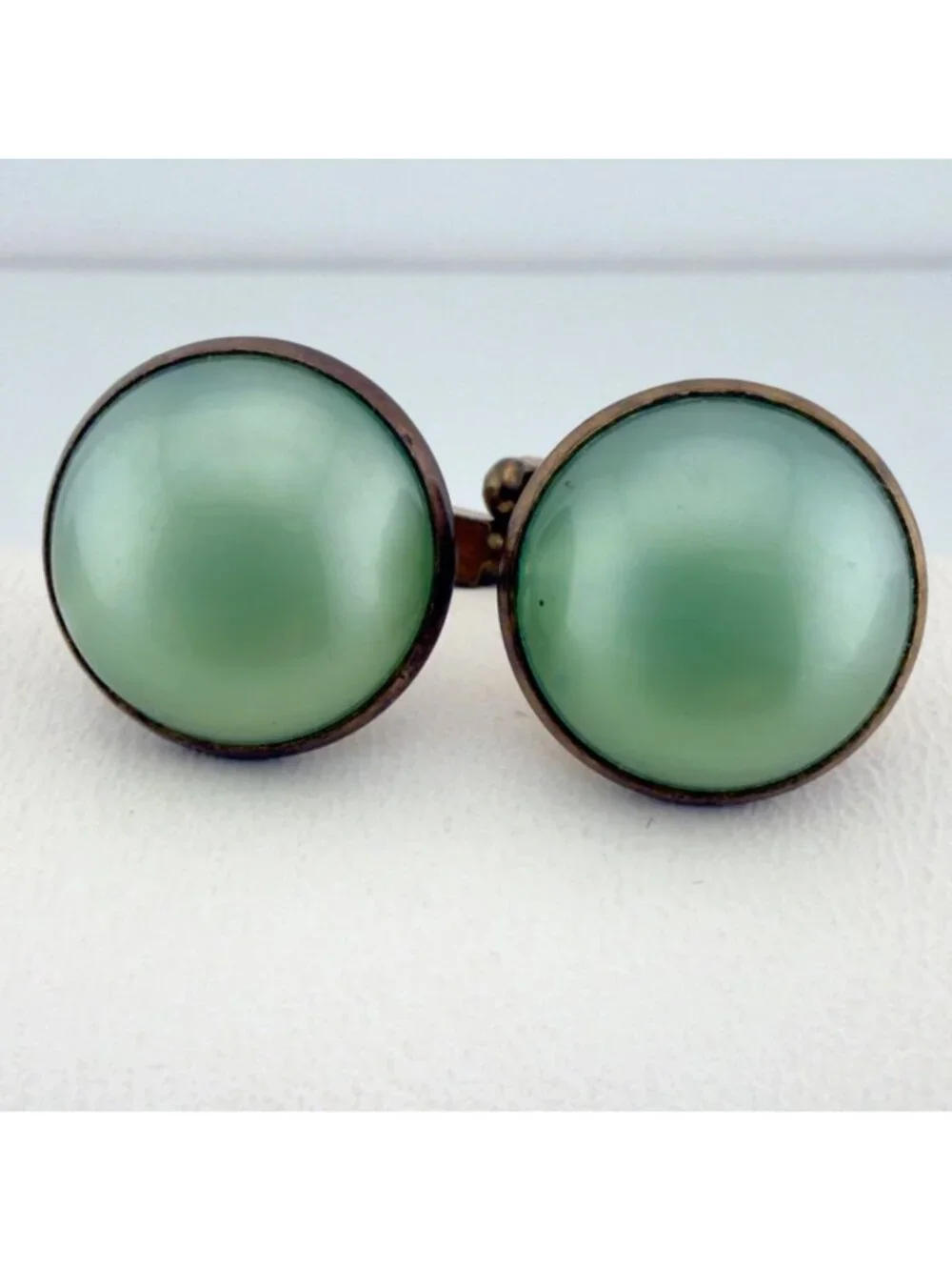 Vintage Round Cabochon Cufflinks Set of 2 Green Pink Mid Century